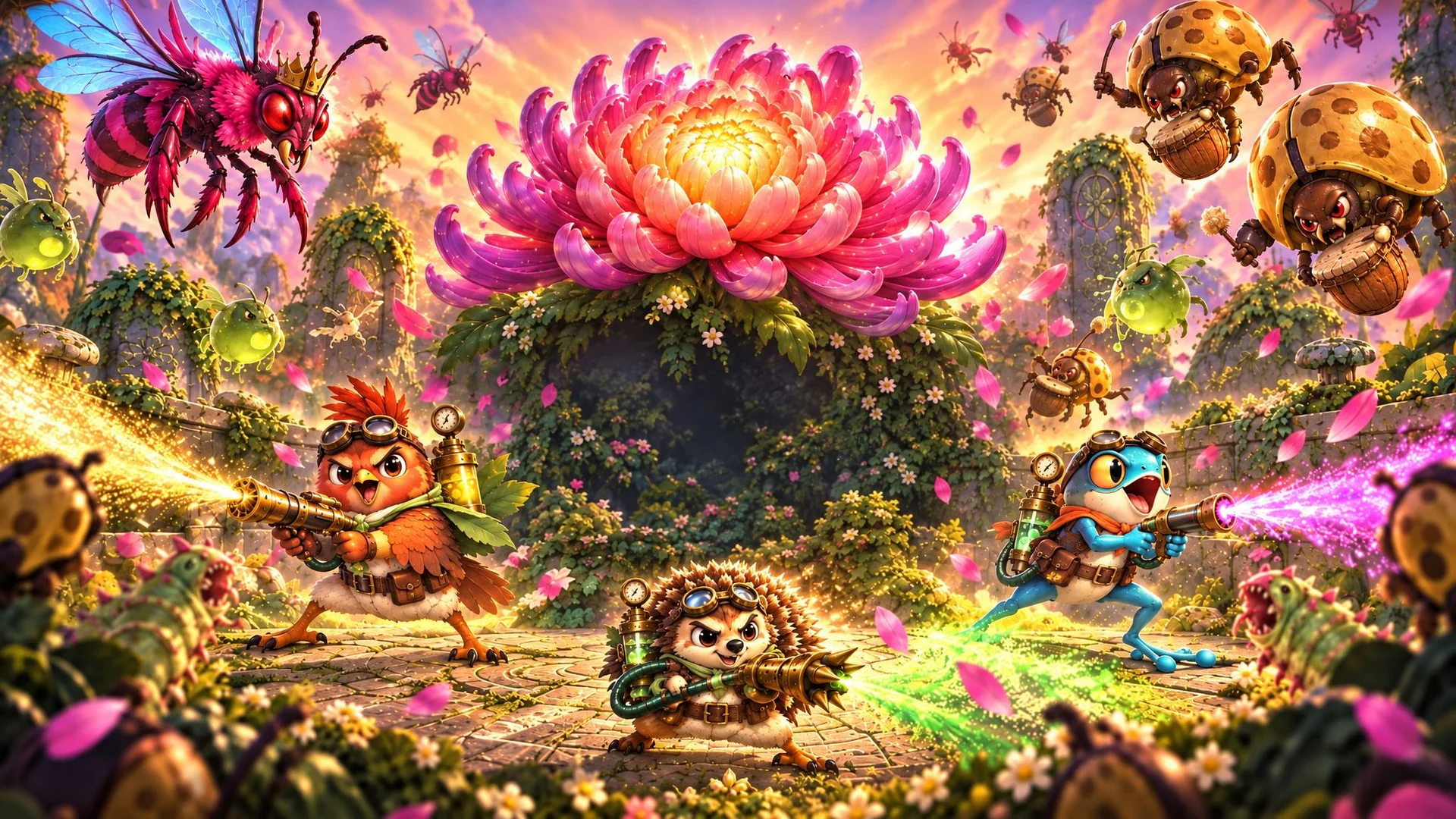 Robbie the robin, Bristle the hedgehog and Hop the frog spray pests around the giant Megga-Chrysanthemum